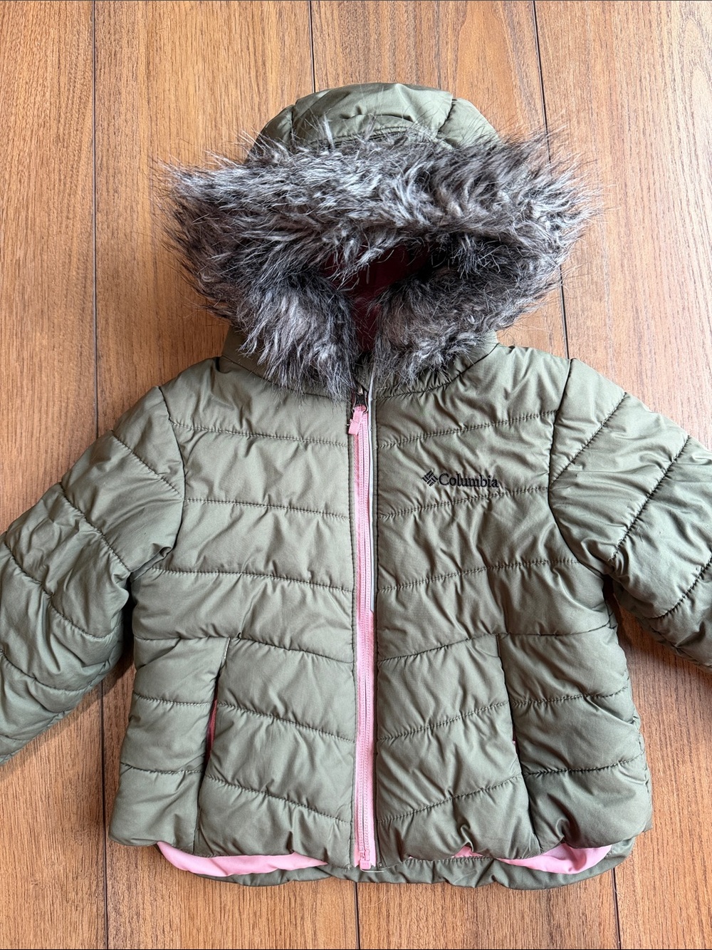 Columbia Girls Olive Green Puffer Jacket with Pink Trim and Faux Fur Hood